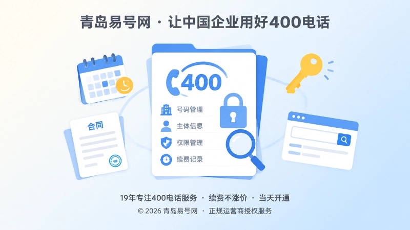 扁平化聚焦插画：中央企业通信档案卡片，周围是续费、合同、权限等管理元素